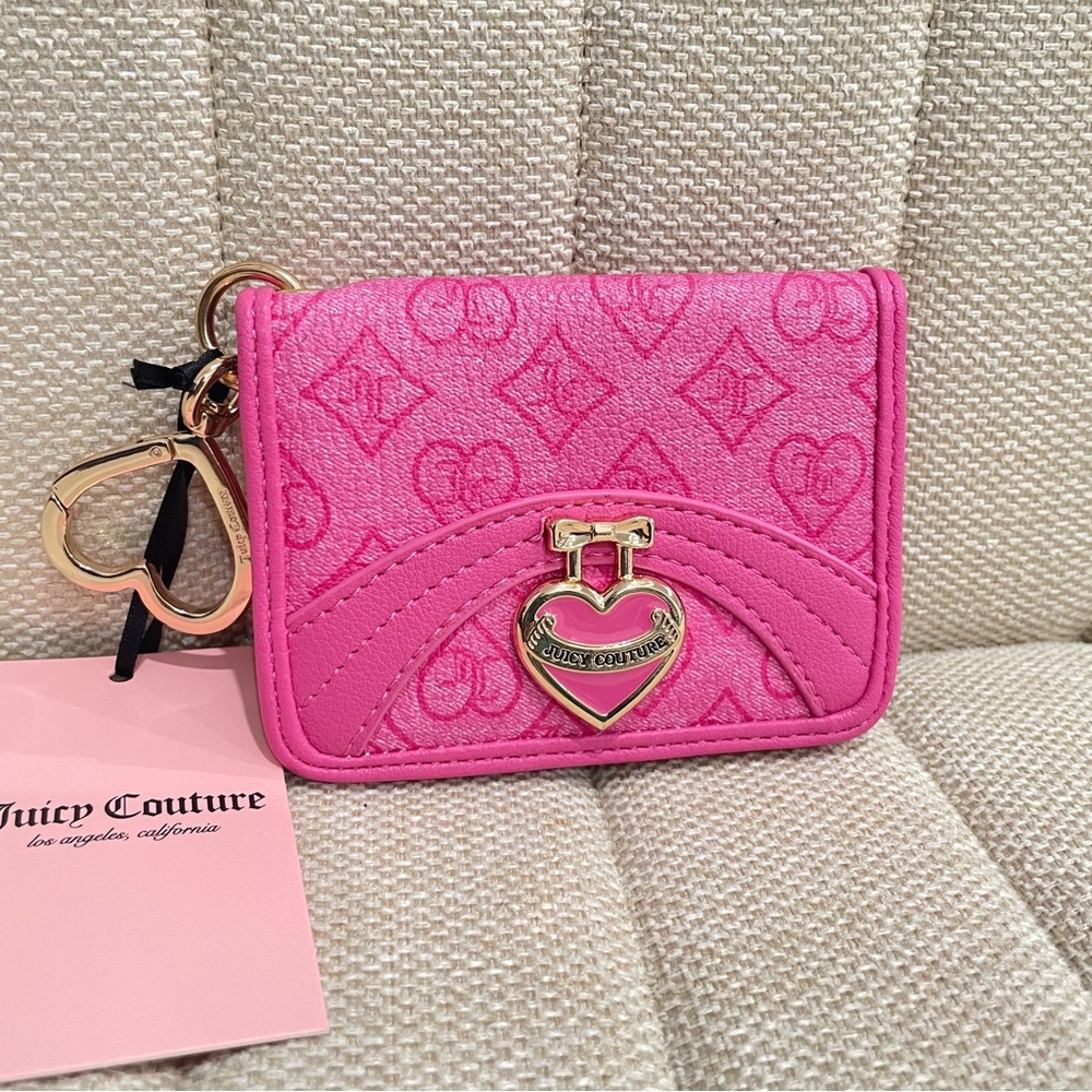 NEW Juicy Couture Pink Monogram Heart Card Holder Wallet Keychain